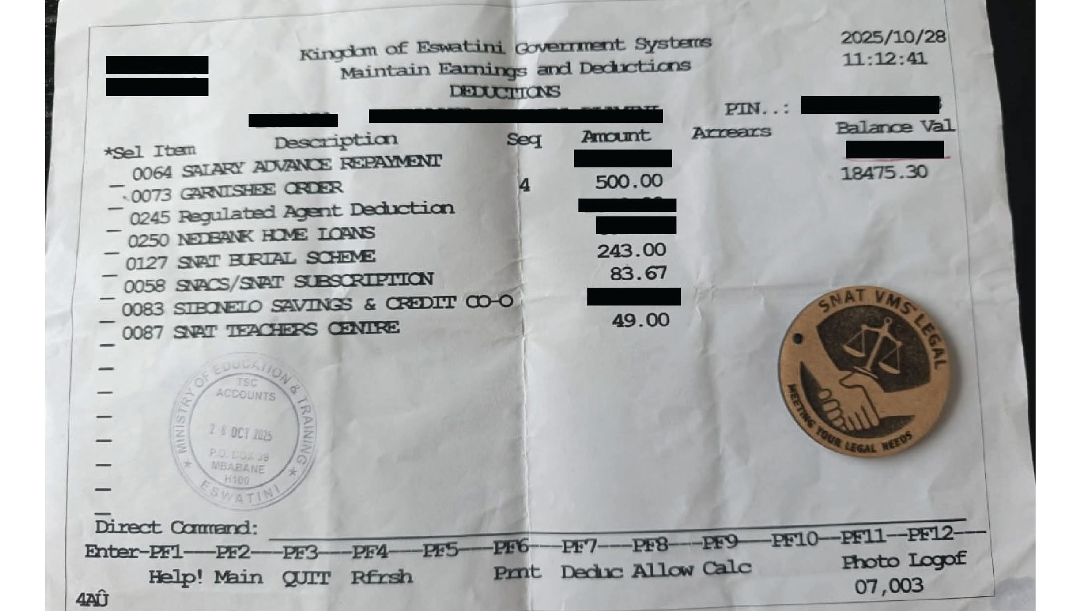 A teacher reported finding an E500 deduction on his October payslip with an outstanding balance of over E18 000, despite having received no legal notification. (Courtesy Pic)